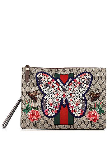 Gucci Butterfly Wristlet Pouch Embellished GG Coated Canvas (view 1)