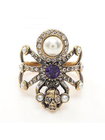 Alexander McQueen Alexander McQueen Spider Ring, Gold-Plated, with Faux Pearl and Rhinestones, Women's, Available in Gold, White, Purple (view 1)