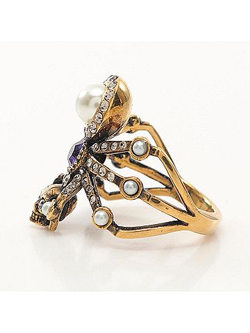 Alexander McQueen Alexander McQueen Spider Ring, Gold-Plated, with Faux Pearl and Rhinestones, Women's, Available in Gold, White, Purple (view 2)
