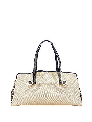 Bvlgari BVLGARI Tote Bag Shoulder Beige Navy Canvas Leather Women's (view 1)