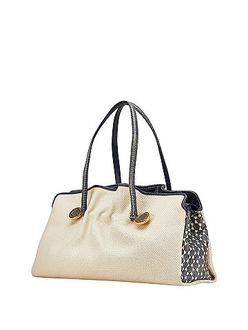 Bvlgari BVLGARI Tote Bag Shoulder Beige Navy Canvas Leather Women's (view 2)