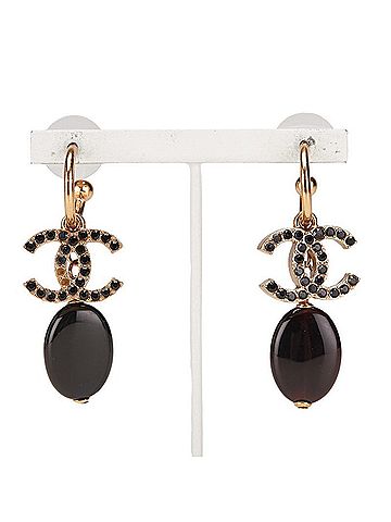 Chanel CHANEL Coco Mark Rhinestone Swing Hoop Earrings, Gold and Black Plated, Women's (view 2)