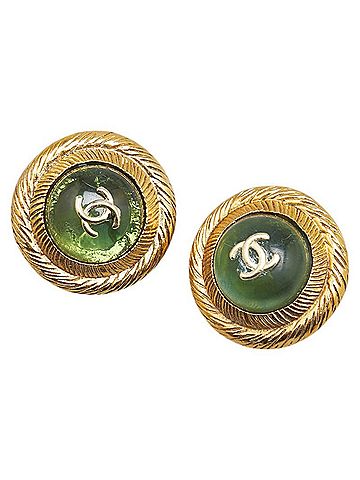 Chanel Chanel Coco Mark Round Stone Earrings Gold Green Plated Women's CHANEL (view 1)