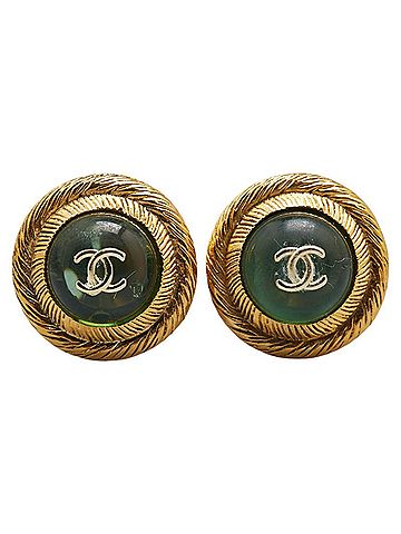 Chanel Chanel Coco Mark Round Stone Earrings Gold Green Plated Women's CHANEL (view 2)