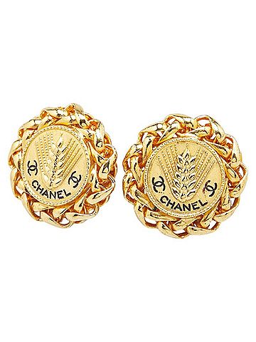 Chanel Chanel Coco Mark Wheat Motif Round Earrings Gold Plated Women's CHANEL (view 1)