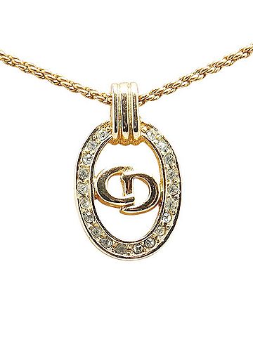 Christian Dior Christian Dior Dior CD logo rhinestone oval circle necklace, gold plated, for women. (view 2)