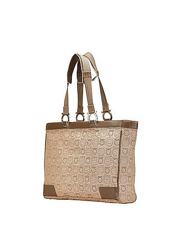Salvatore Ferragamo Salvatore Ferragamo Gancini Tote Bag AF-21 5372 Beige Brown Canvas Leather Women's (view 2)