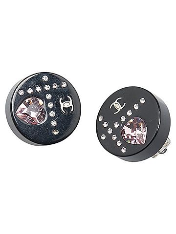 Chanel Chanel Coco Mark Rhinestone Heart Earrings Black Gold Plastic Metal Women's CHANEL (view 1)