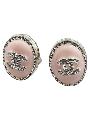 Chanel CHANEL Coco Mark Oval Earrings Silver Pink Metal Women's (view 1)