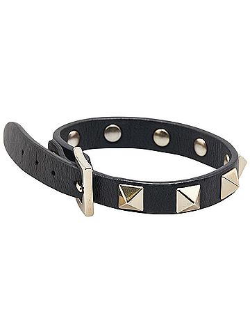 Valentino Valentino Rockstud Bracelet in Black Leather with Plated Finish for Women. (view 1)