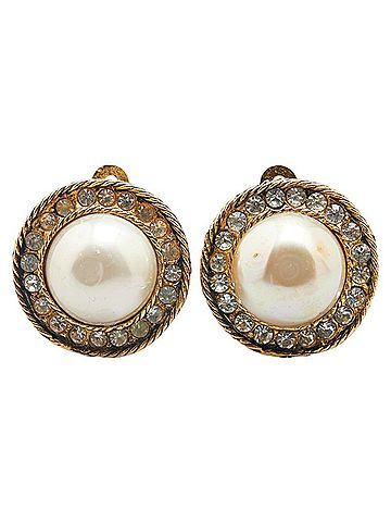 Chanel CHANEL Vintage 1982 Rhinestone Earrings, Gold Plated with Faux Pearls, Women's (view 2)