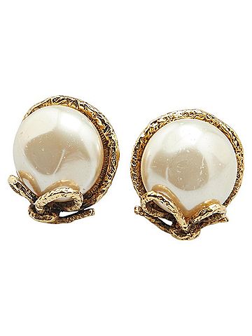 Chanel CHANEL Ribbon Motif Earrings, Gold Plated with Faux Pearls, Women's (view 1)