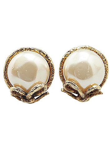 Chanel CHANEL Ribbon Motif Earrings, Gold Plated with Faux Pearls, Women's (view 2)