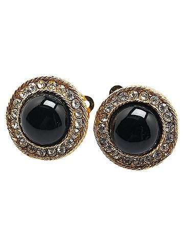 Chanel CHANEL Rhinestone Round Earrings, Gold and Black Plated, Women's (view 1)