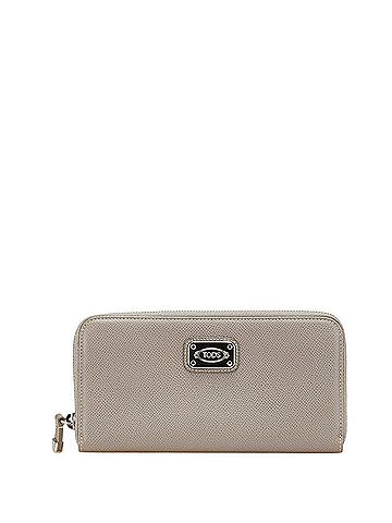 Tod's Tod's Logo Plate Long Wallet, Round Zipper, Greige Leather, Women's, TOD'S (view 1)